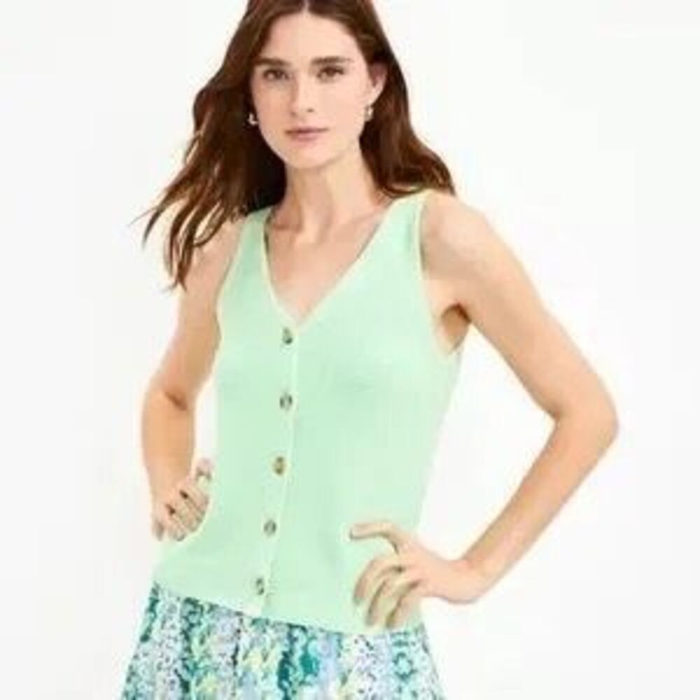 LOFT Seafoam Green Knit Button Up Vest Blouse Small V Neck 100% Cotton Spring